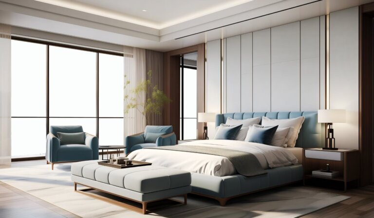 A spacious hotel room with a king-sized bed and huge floor-to-ceiling windows