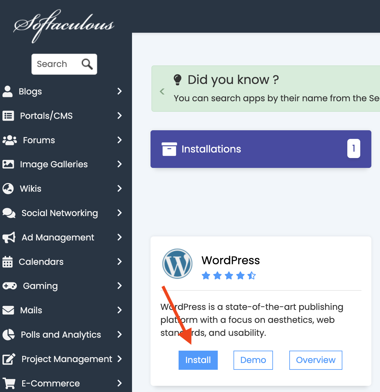 A screenshot of the Hostgator panel to install WordPress